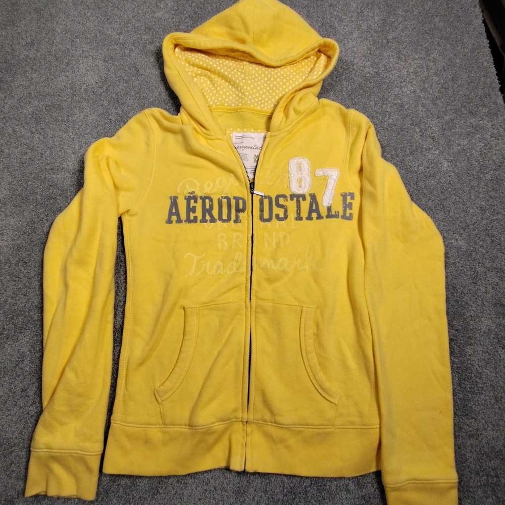Aeropostale Womens Yellow Graphic Zip Up Hoodie Polka Dot Hood Size Medium